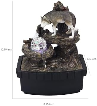 Benjara Eci 10 Inch Wolf Water Fountain with LED Lights and Painted Finish