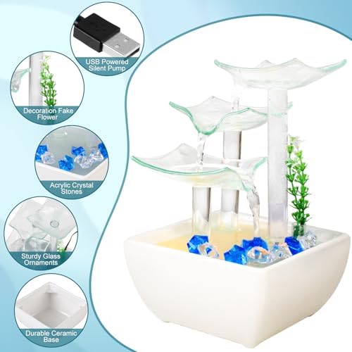 Zen Desk Fountain with LED Lights and Artificial Grass