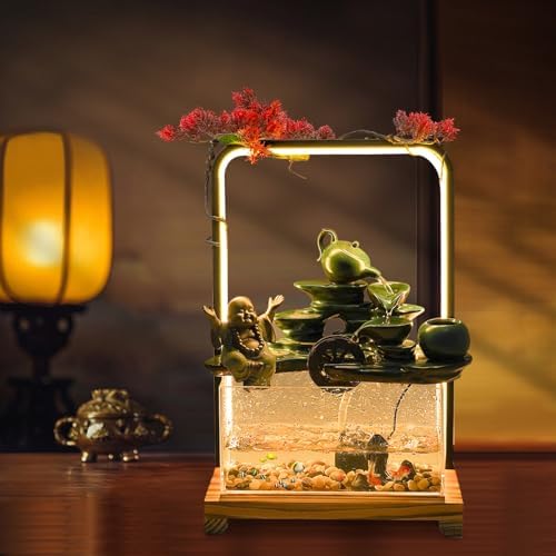 Tabletop Buddha Water Fountain with LED Light and Fake Plants for Meditation and Good Luck Wealth