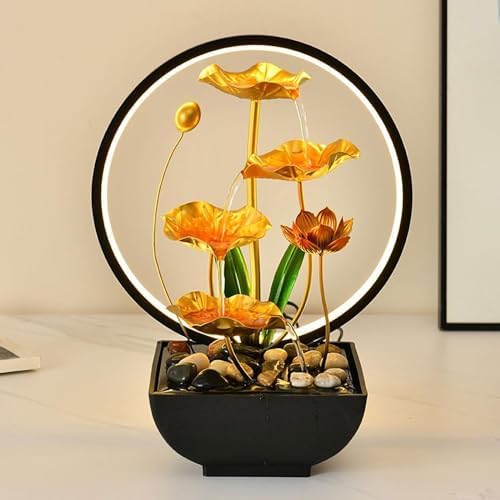 Tabletop Water Fountain with Golden Lotus Design