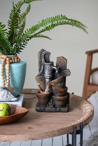 Rustic Charm Water Fountain with LED Light and Antique Pump