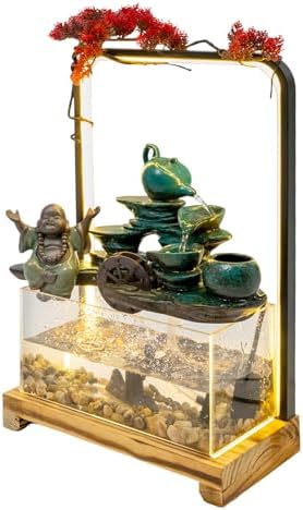 Tabletop Buddha Water Fountain with LED Light and Fake Plants for Meditation and Good Luck Wealth