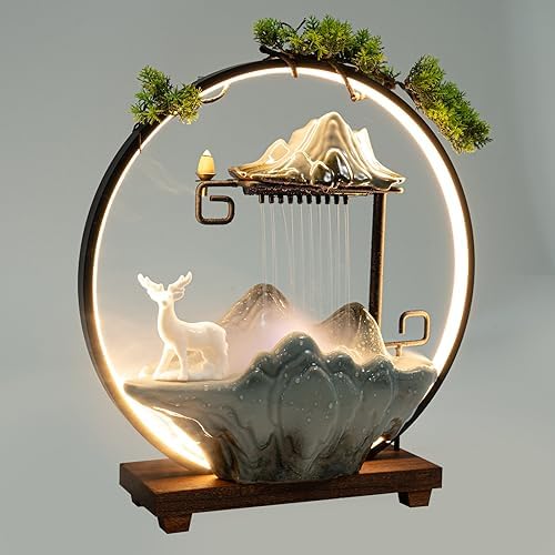 Tabletop Fountain with LED Lights and Pine Tree Decor
