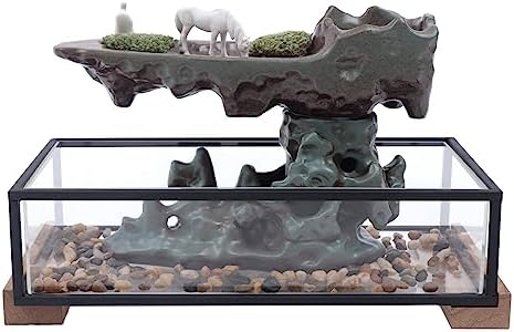 Desktop Rockery Waterfall Fountain with Fish Tank and Plants