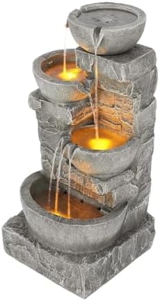 Cascading Bowls and Stacked Stones LED Outdoor Water Fountain