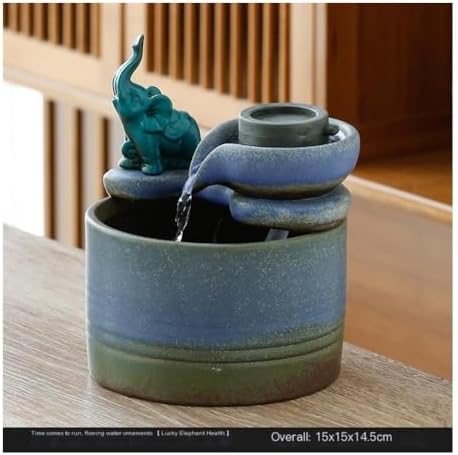 Tabletop Fountain with Ceramic Waterfall Feng Shui Elephant Ornament