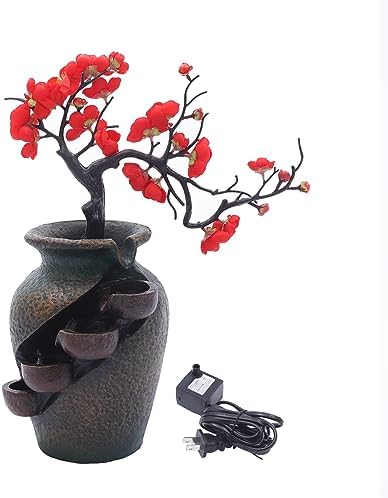 Tabletop Water Fountain with Artificial Flowers for Home Decor