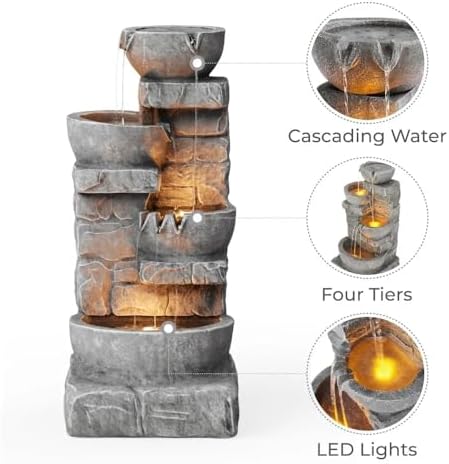 Cascading Bowls and Stacked Stones LED Outdoor Water Fountain