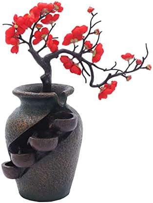 Tabletop Water Fountain with Artificial Flowers for Home Decor
