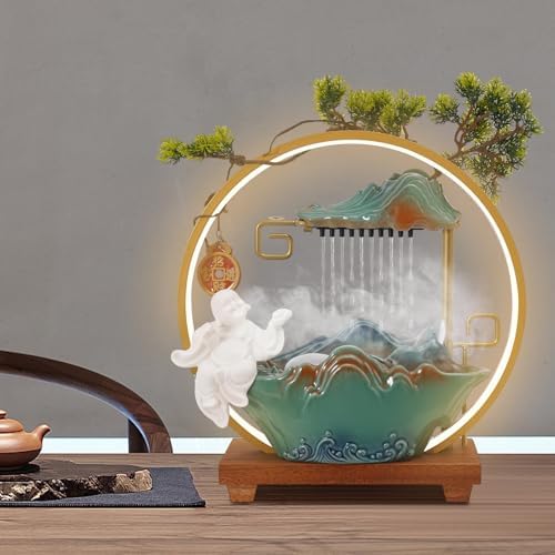 Tabletop Water Fountain with LED Light and Backflow Incense Bracket