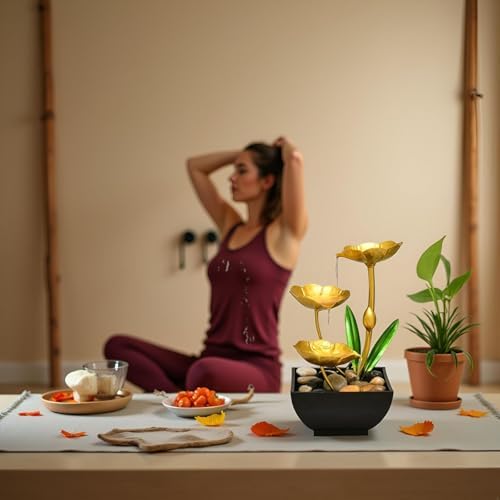 Gold Tabletop Water Fountain with Lotus Design