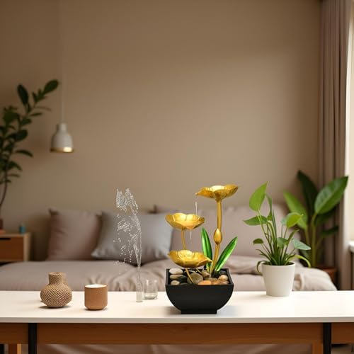 Gold Tabletop Water Fountain with Lotus Design