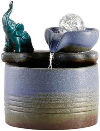 Tabletop Fountain with Ceramic Waterfall Feng Shui Elephant Ornament