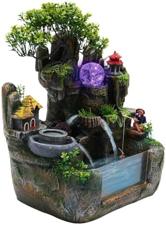 DMSIDN Tabletop Rockery Waterfall Fountain with LED Lights and Atomizer