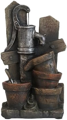 Rustic Charm Water Fountain with LED Light and Antique Pump
