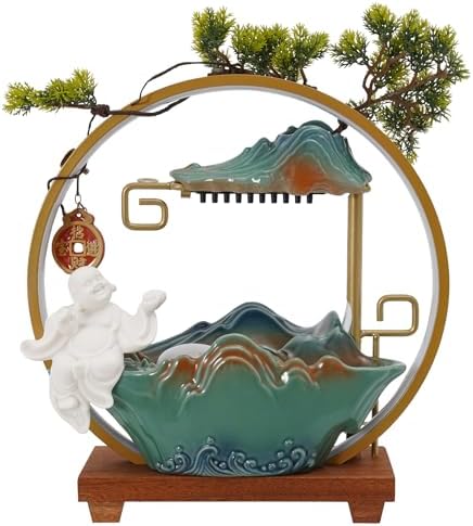 Buddha Tabletop Water Fountain with LED Light and Fake Plants