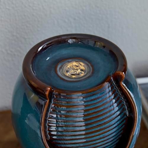 Glitzhome Tabletop Ceramic Jar Water Fountain with LED Light Turquoise Leaf Design 925H