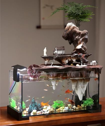 Water Fountain Indoor Fish Tank Decor with Flowing Water Wheel and Zen Waterfall