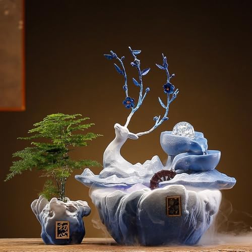 Blue Tabletop Fountain Deer Indoor Decor Landscape