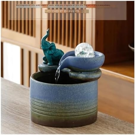 Tabletop Fountain with Ceramic Waterfall Feng Shui Elephant Ornament