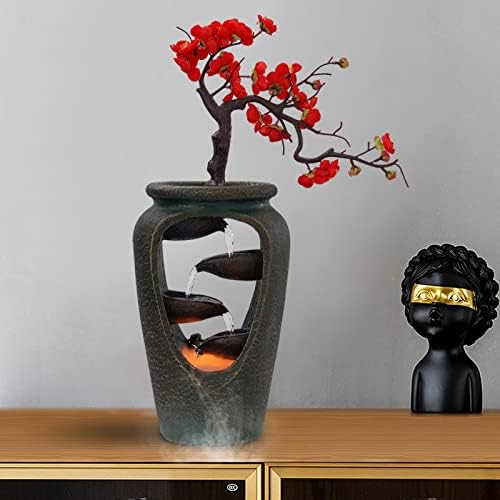 Relaxation Tabletop Water Fountain with LED Lights and Simulated Flowers