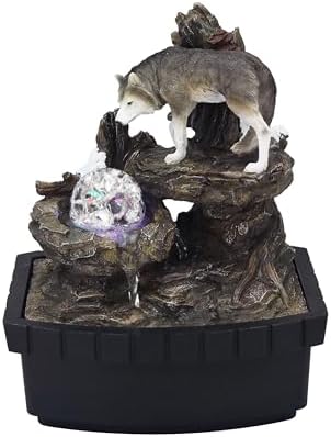 Benjara Eci 10 Inch Wolf Water Fountain with LED Lights and Painted Finish