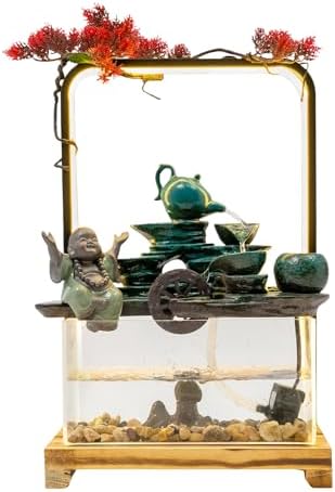 Tabletop Buddha Water Fountain with LED Light and Fake Plants for Meditation and Good Luck Wealth
