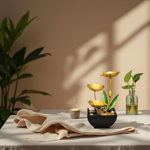 Gold Tabletop Water Fountain with Lotus Design