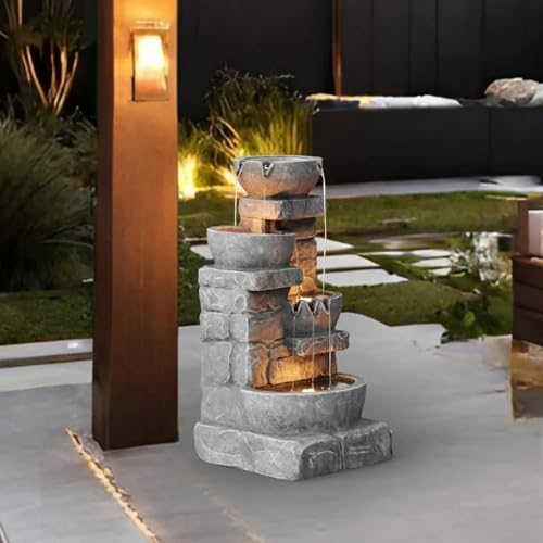 Cascading Bowls and Stacked Stones LED Outdoor Water Fountain