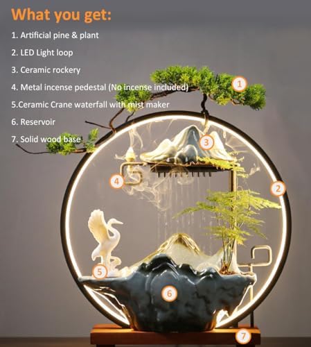 Ceramic Crane Desk Fountain with LED Light and Mist