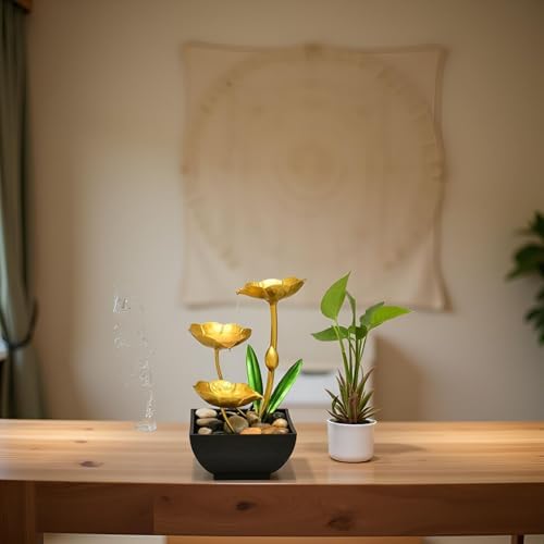 Gold Tabletop Water Fountain with Lotus Design