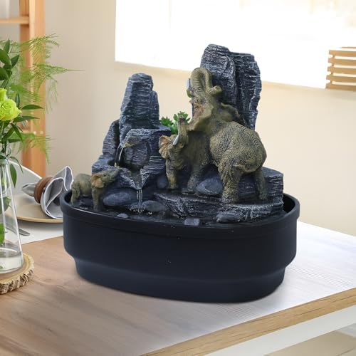 Elephant Tabletop Fountain with LED Lights and Rock Features