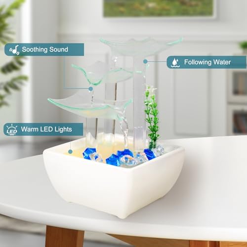 Zen Desk Fountain with LED Lights and Artificial Grass