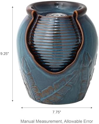 Glitzhome Tabletop Ceramic Jar Water Fountain with LED Light Turquoise Leaf Design 925H
