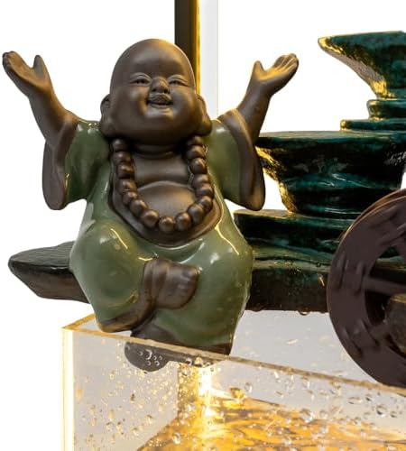 Tabletop Buddha Water Fountain with LED Light and Fake Plants for Meditation and Good Luck Wealth