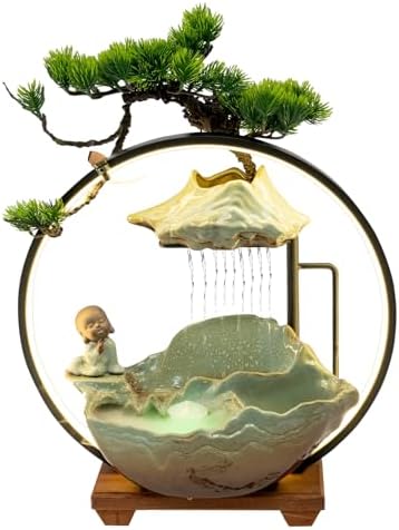 Tabletop Water Fountain with LED Light and Mist for Feng Shui Meditation and Home Decor