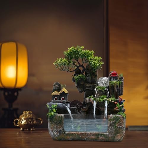 DMSIDN Tabletop Rockery Waterfall Fountain with LED Lights and Atomizer