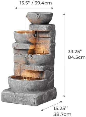 Cascading Bowls and Stacked Stones LED Outdoor Water Fountain