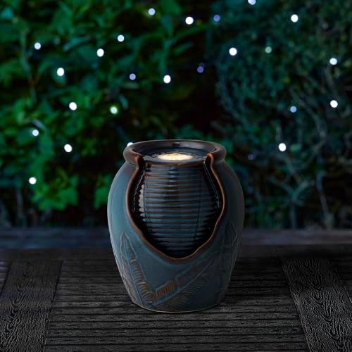 Glitzhome Tabletop Ceramic Jar Water Fountain with LED Light Turquoise Leaf Design 925H
