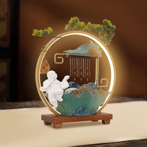 Buddha Tabletop Water Fountain with LED Light and Fake Plants