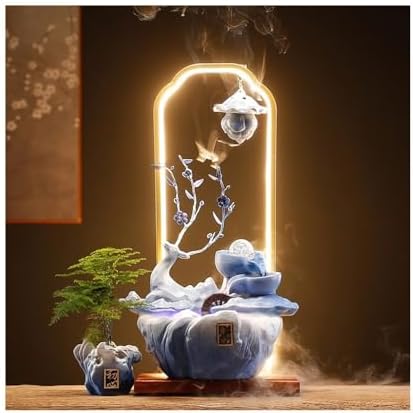 Blue Tabletop Fountain Deer Indoor Decor Landscape