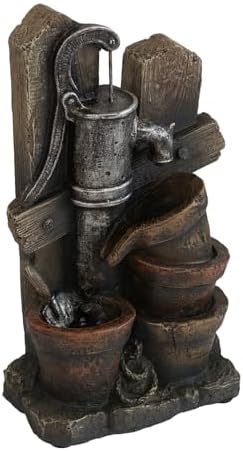 Rustic Charm Water Fountain with LED Light and Antique Pump