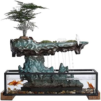 Desktop Rockery Waterfall Fountain with Fish Tank and Plants
