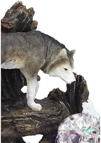 Benjara Eci 10 Inch Wolf Water Fountain with LED Lights and Painted Finish