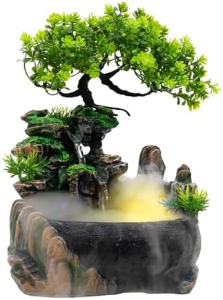 Waterfall Fountain Tabletop Decor with LED Light and Atomizer Black