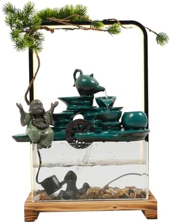 Green Welcoming Pine Tabletop Water Fountain with LED Lights