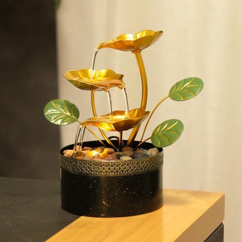 TiCin Tabletop Water Fountain with Gold Lotus Flowers
