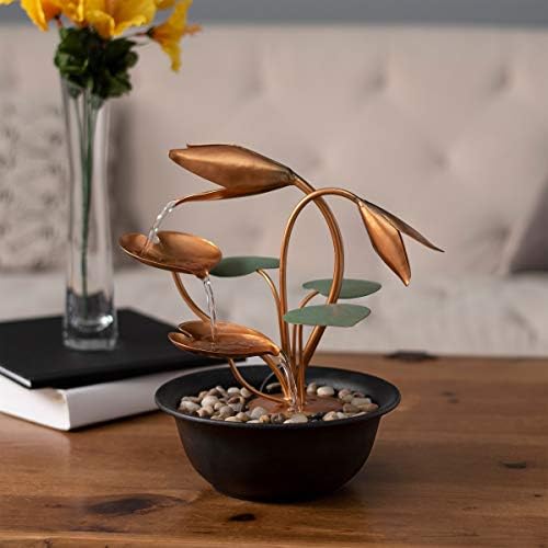 Tabletop Water Fountain with Metal Flowers and Leaves