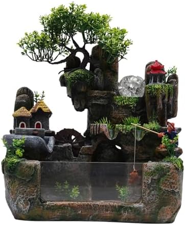 Rurazong Waterfall Fountain with LED Lights and Atomizer for Home Office Desk Decor