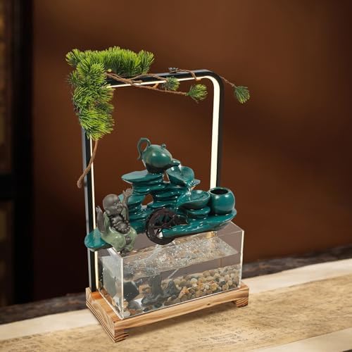 Green Welcoming Pine Tabletop Water Fountain with LED Lights